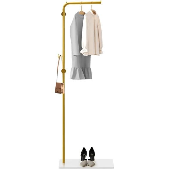 Metal Coat Rack Freestanding with Marble Base, 67” Coat Stand w/ 3 Hooks(Gold)